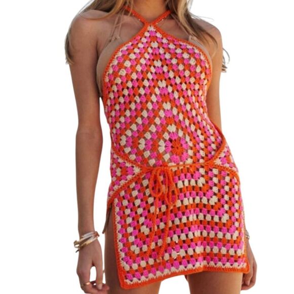 Davi & Dani Multicolor Orange Pink Crochet Halter Layered Wrap Tie Waist Dress - Picture 1 of 13